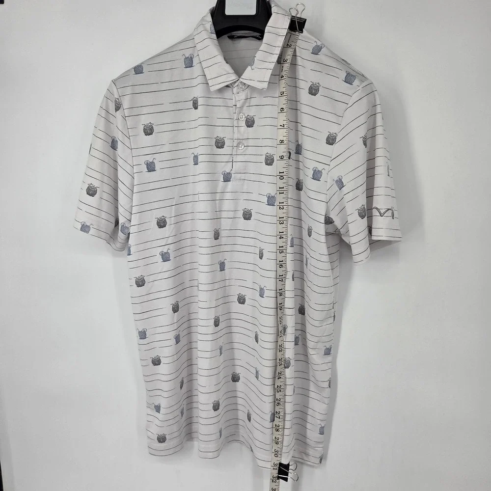 Travis Mathew Polo Shirt Mens XL White‎ Golf Cocktail Print Striped Short Sleeve